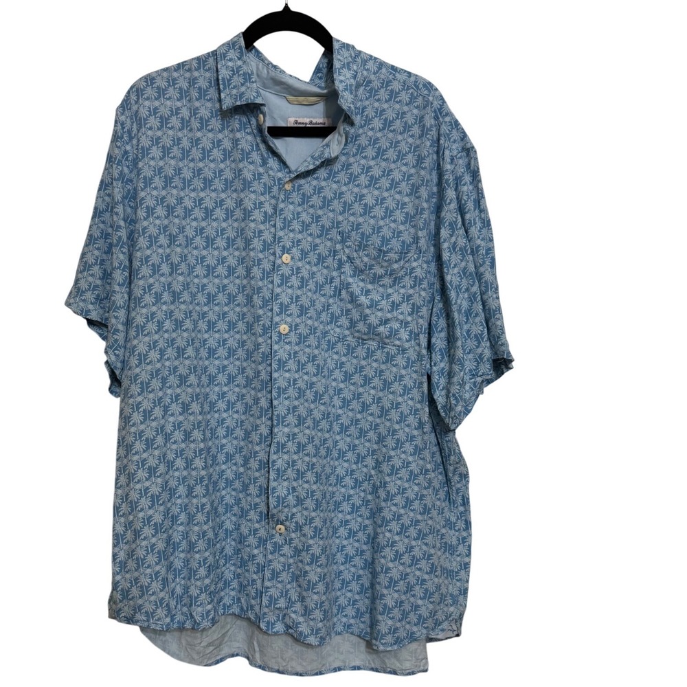 Tommy Bahama Mens XXL Blue Palm‎ Tree Print Short Sleeve Viscose Button Down